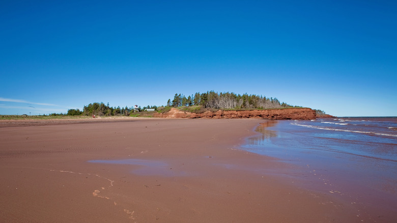 A red sand beach with rust-colored cliffs at Cabot Beach Provincial Park, Prince Edward Island