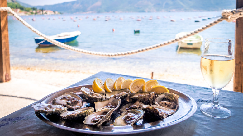 Image of an oyster platter and wine with backdrop of the Pacific Ocean in Vancouver Island