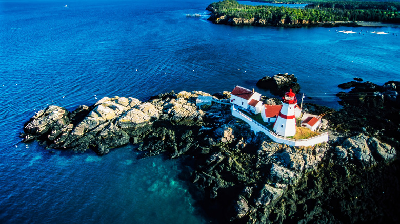 Aerial view of Campobello Island, with a lighthouse perched on a rocky coastline