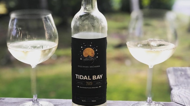 A close up of a bottle of Tidal Bay wine with two glasses
