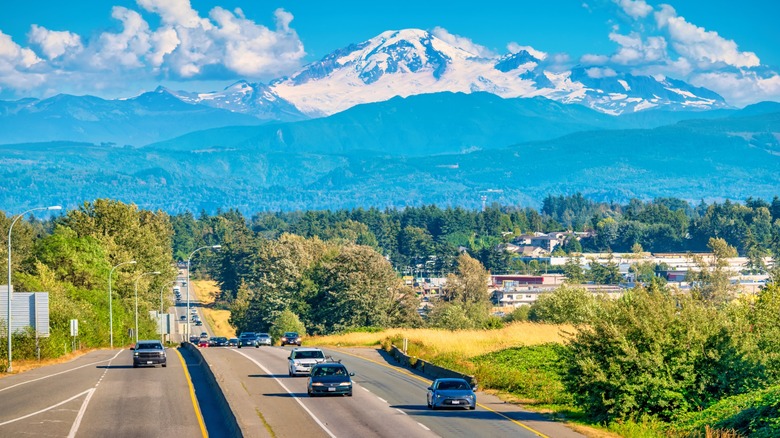 The Trans-Canada Highway in Abbotsford, British Columbia, with Mount Baker in the background
