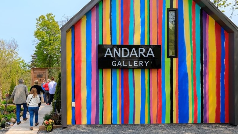 A multi-colored striped art gallery exterior in Bloomfield, Ontario
