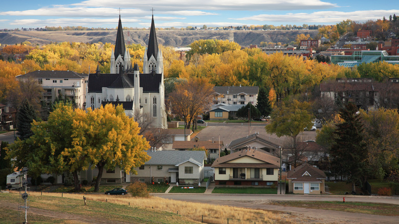 An autumn view of Medicine Hat with a church featuring on the left