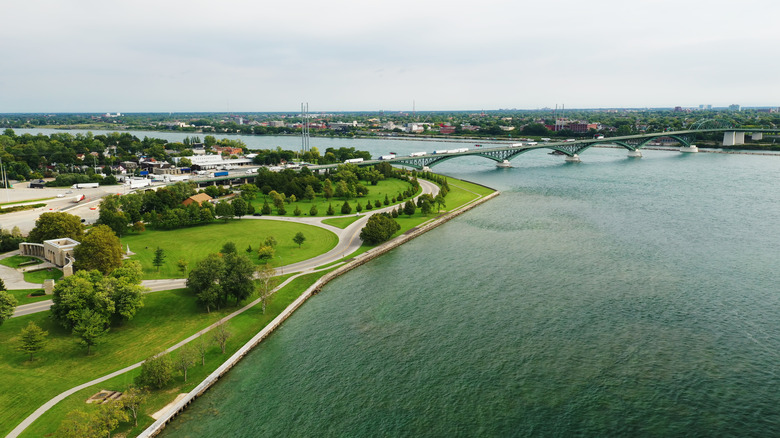 Aerial view of bridge and shoreline in Fort Erie, Ontario.
