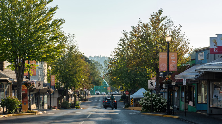 A daytime view down a street in Downtown Courtenay with green trees lining the sidewalk.