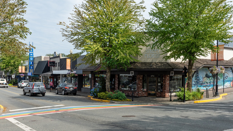 A street view of an intersection at Downtown Courtenay featuring a rainbow crosswalk and bright green trees.