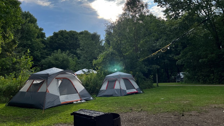 Two tents pitched on a green lawn surrounded by trees at the McRae Point Provincial Park campground, Ontario, Canada