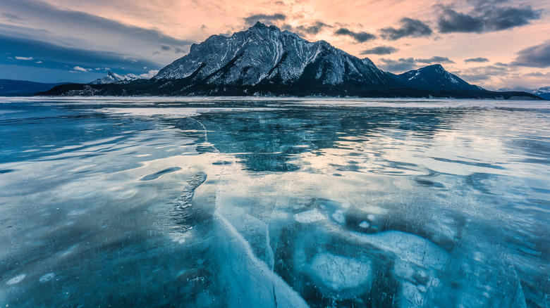 Icy Abraham Lake at Kootenay Plains Ecological Reserve in Alberta, Canada