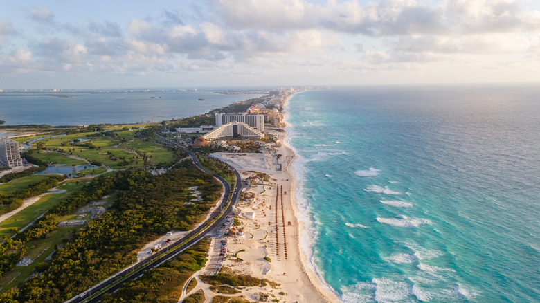 Aerial of the Hotel Zone in Cancun, Quintana Roo
