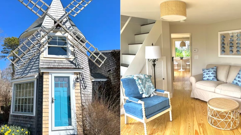 Split image of exterior and interior of Airbnb windmill in Chatham