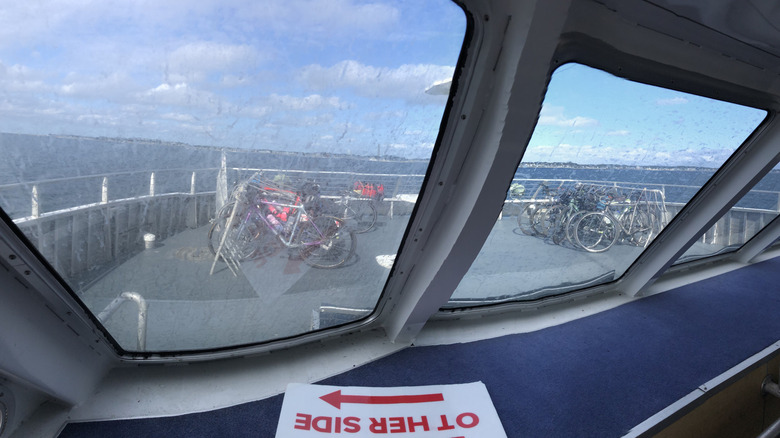 Bicycles are clustered together on the top deck of a ferry from Boston to Provincetown, Massachusetts
