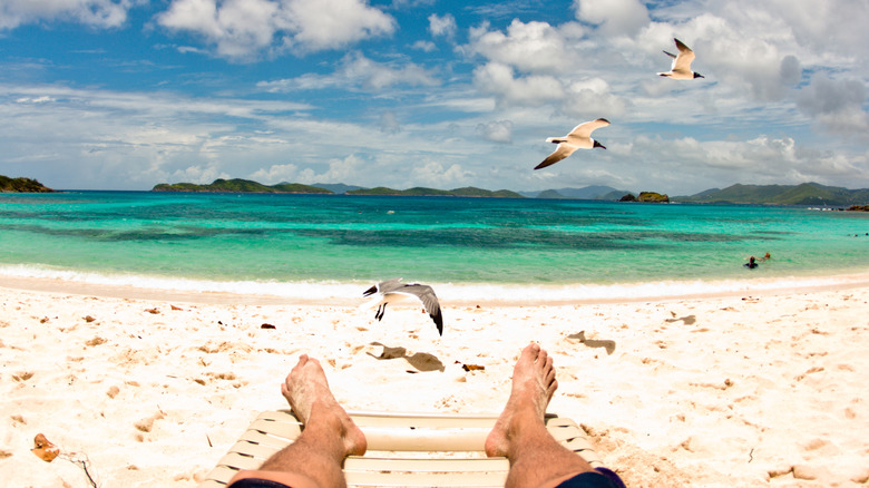 Legs of person relaxing on Magens Bay sunlounger looking at seagulls