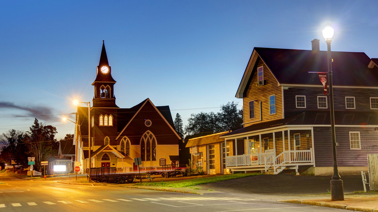 Historic buildings on Sweden Street in Caribou, Maine, at dusk