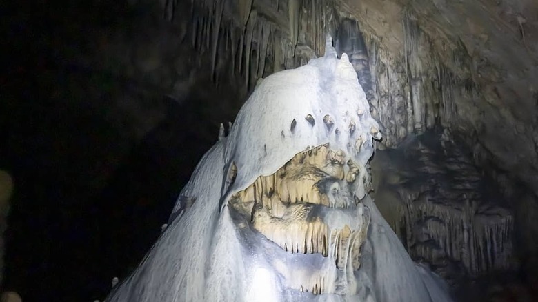 A white, limestone formation inside Slaughter Canyon Cave in Carlsbad National Park.