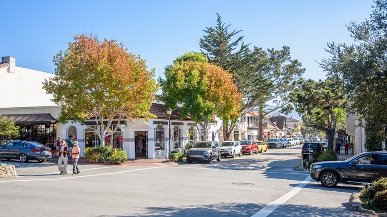 Ocean Avenue in Carmel-By-The-Sea on sunny day with trees in leaf