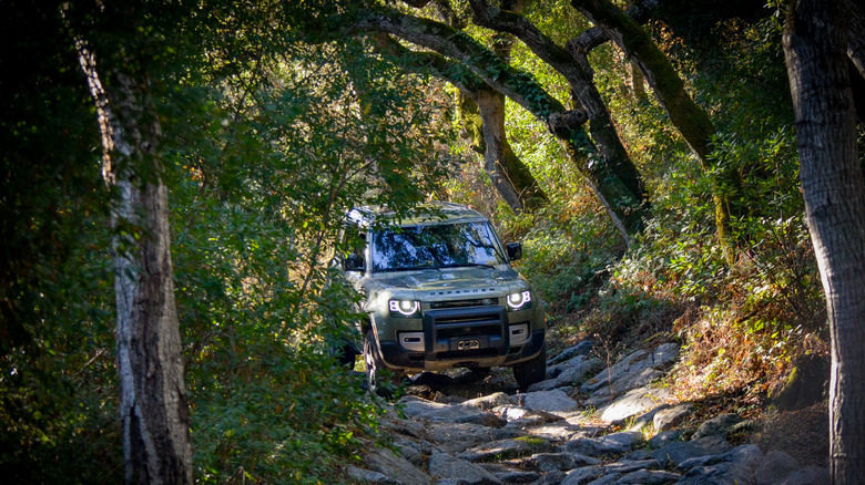 Off-roading vehicle traversing a stone path in a forest near The Quail, California