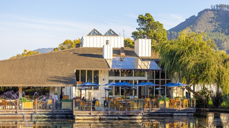 Patio view of Covey Grill across the lake at the Quail, California