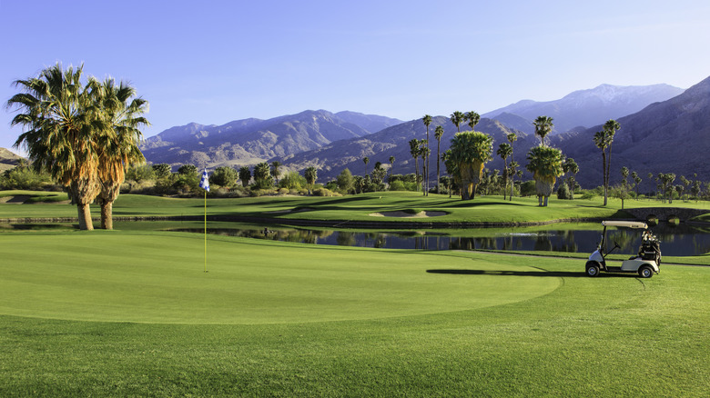 A palm tree-studded golf course in California with mountains in the distance on a sunny day