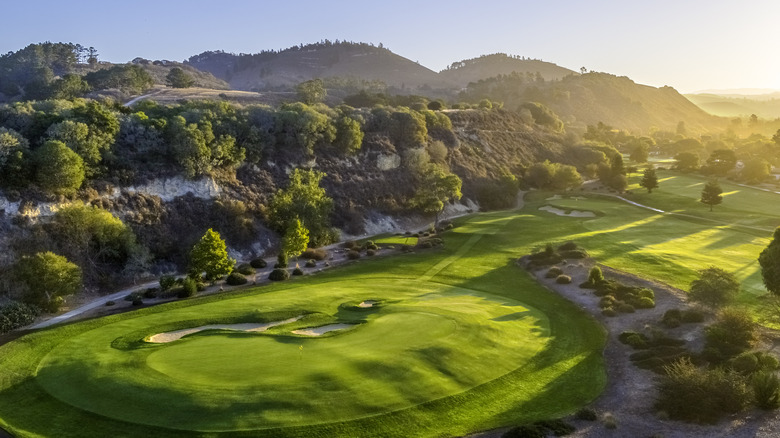Landscape view of the manicured golf grounds of The Quail at sunrise, California