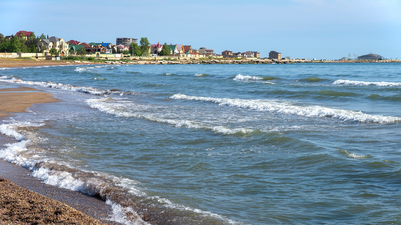Waves of the Caspian Sea at Derbent Beach in Russia