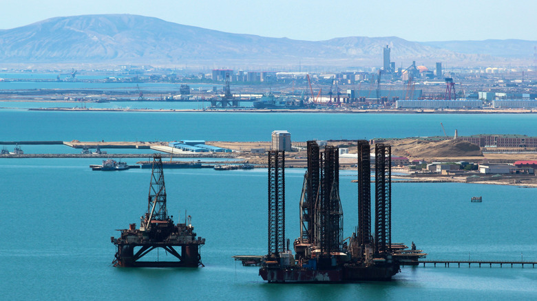 Oil rigs in the Caspian Sea off the coast of Baku, Azerbijan