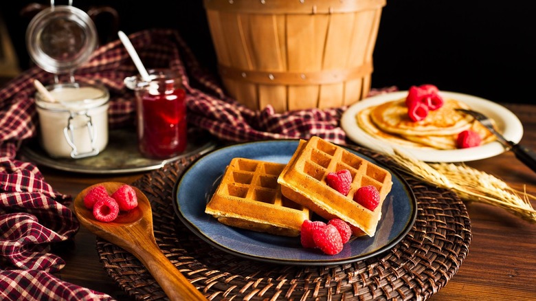pancakes and waffles in a country spread at New Hope Mills along the Finger Lakes Sweet Trail in New York state