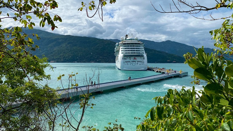 View of a Royal Caribbean cruise ship from the shore of Labadee