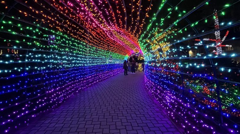 Colorful light tunnel at the Cambria Christmas Market in Cambria, California