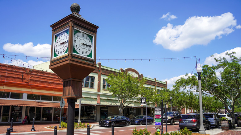 Brick streets and clocktower in downtown Sanford, Florida