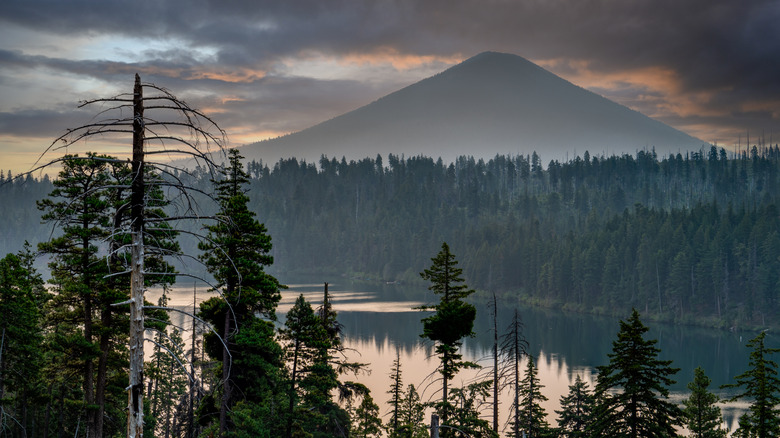Silhouette of Black Butte, Deschutes National Forest, and Suttle Lake in Oregon