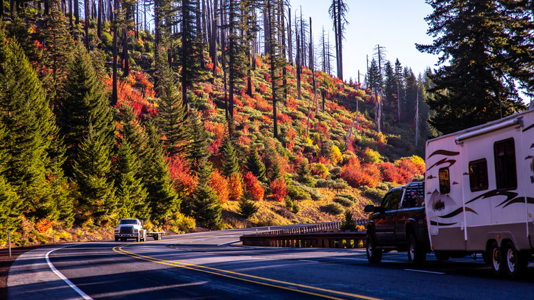 Vehicles traveling Santiam Pass in Oregon during the fall