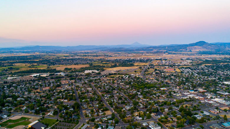 An overhead shot of Central Point Oregon during sunset