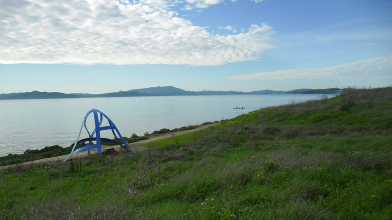 A grassy field with a blue sculpture overlooks the bay at César Chávez Park