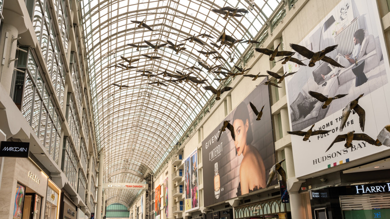 Art installation of "Flight Stop," flying geese inside the Eaton Centre, Canada