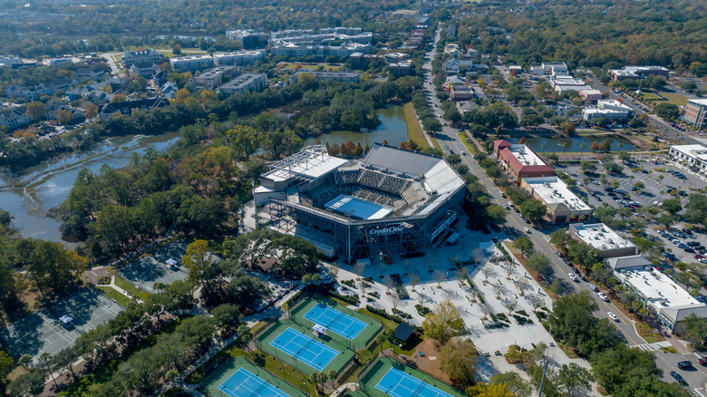 Aerial view of Daniel Island, South Carolina, and Credit One Stadium