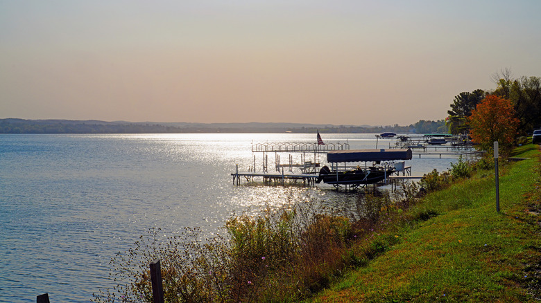 Boats sit on Lake Charlevoix in Charlevoix County, Michigan.