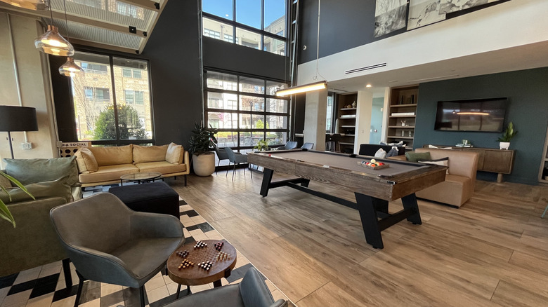 Interior of Thousand Hills Coffee, with chairs, and a pool table