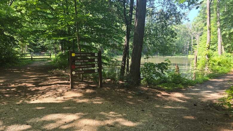 Trails and a sign at RibbonWalk Nature Preserve in Charlotte