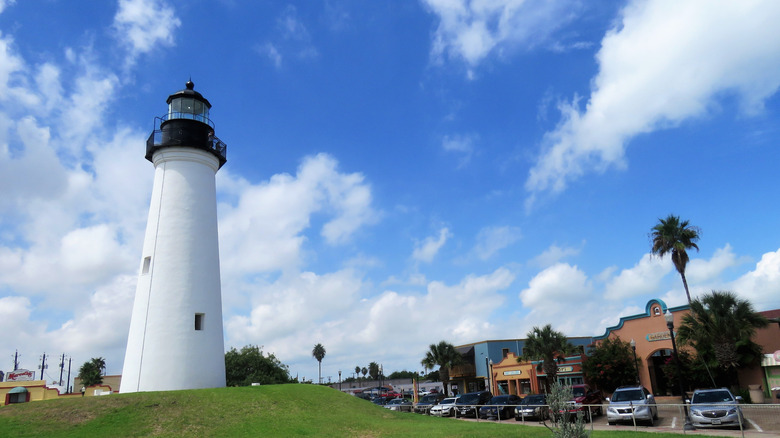 Lighthouse and greenery in the center of Port Isabel, Texas.