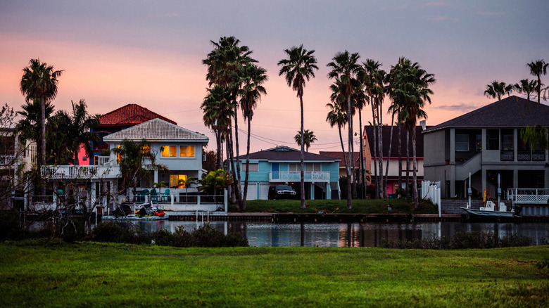 Colorful homes at South Padre Island, Texas during sunset.