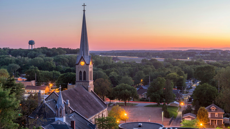 An aerial view of the church and landscape of Jordan, Minnesota at twilight