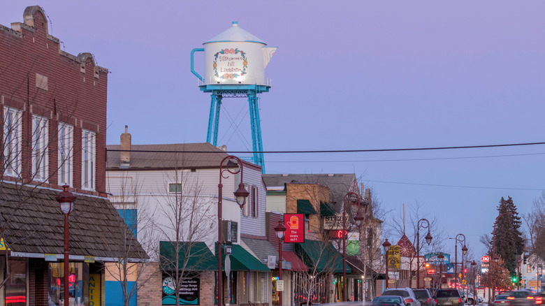 Downtown Lindstrom, Minnesota with its unique tea pot shaped water tower