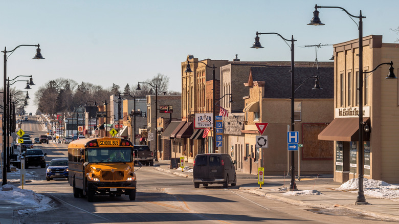 Downtown view of the small historic town of New Prague, Minnesota
