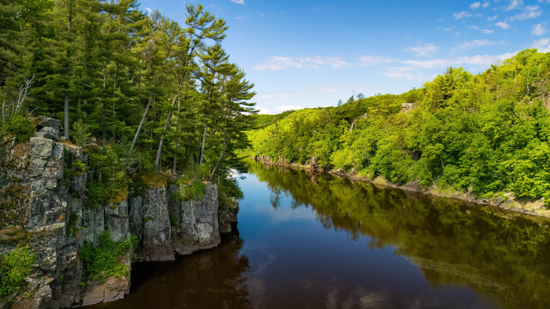 A scenic view of the cliffs along the St. Croix River in Taylors Falls, Minnesota