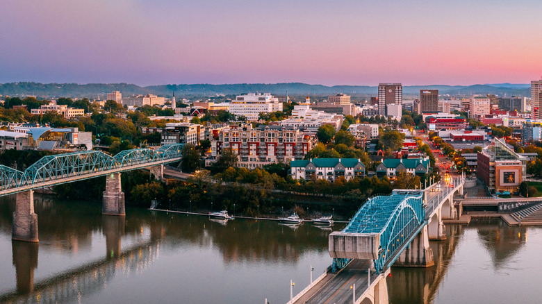 View of Chattanooga Tennessee, with a sunset in the background