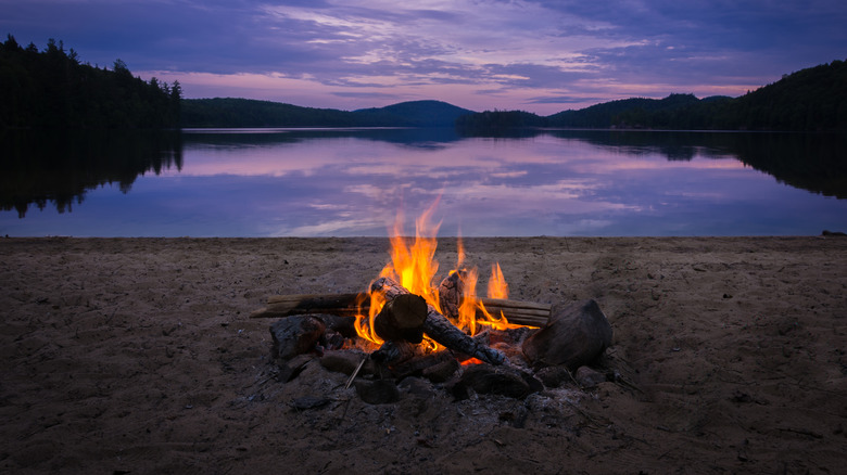 a lakeside bonfire on a camping trip