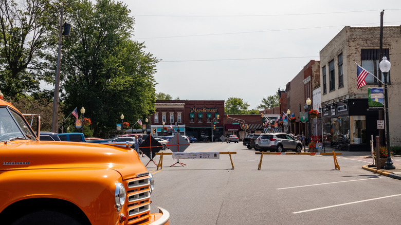 Downtown Chesterton, Indiana with roads blocked for arts event