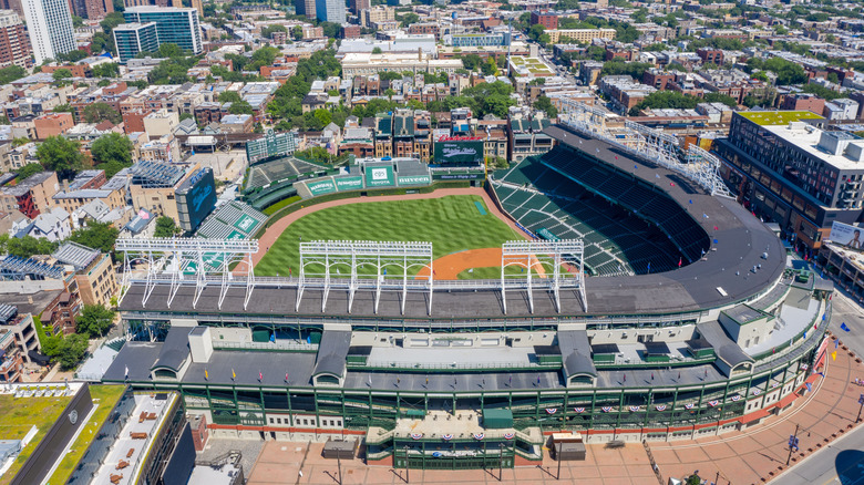 Aerial view of Wrigley Field and surrounding buildings in Chicago.