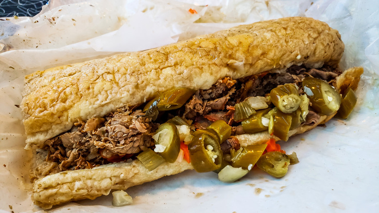 closeup of Italian beef sandwich with giardiniera