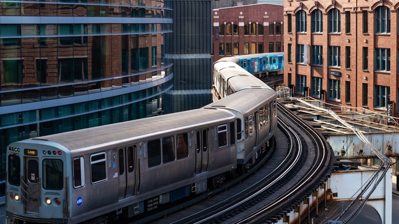 Commuter train in downtown Chicago